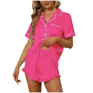KCW Women's Satin Silk Pajama Set - Short Sleeve Button-Down Top & Shorts With Pockets, Pink, X-Large
