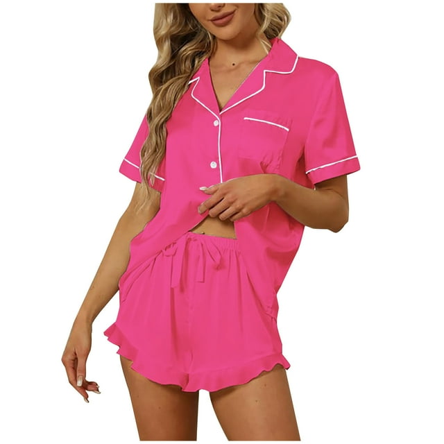 Besolor Summer Satin Pajama Sets for Women Short Sleeve Button down Shirts with Ruffle Shorts 2 Piece Outfits Sleepwear