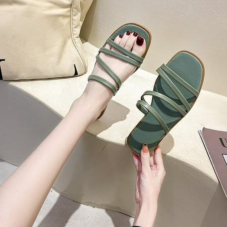 

EQWLJWE Casual Square Toe Thin Strap Slippers Fashion Flat Slippers Women s Sandals Holiday Clearance