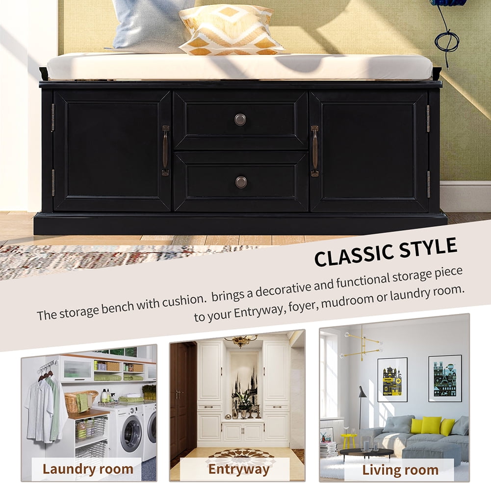 Lowestbest Storage Bench with 2 Drawers and 2 cabinets, Shoe Bench with Removable Cushion for Living Room, Entryway (Black) Lowestbest Storage Bench with 2 Drawers and 2 cabinets, Shoe Bench with Removable Cushion for Living Room, Entryway (Black)