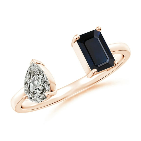 ANGARA Natural Two-Stone Emerald-Cut Blue Sapphire & Pear Diamond Open Ring in 14K Rose Gold for Women (Size-6x4mm) | September Birthstone, Anniversary, Jewelry Gift for Women | Natural Sapphire Ring