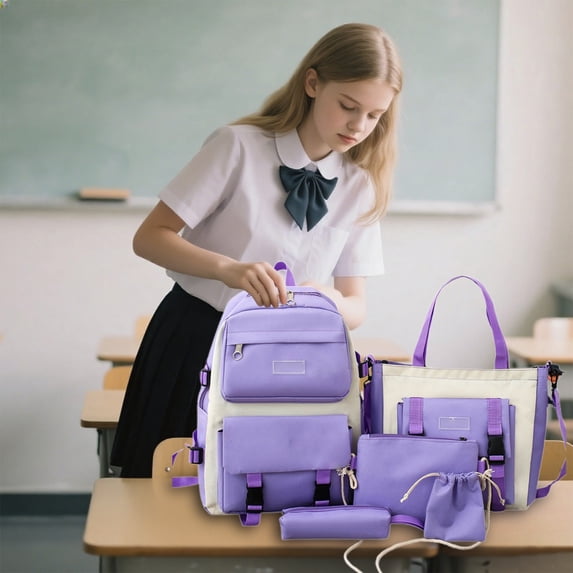 HNMKIU Backpack For Women Large Capacity School Bag With 5 Piece Set Lightweight Bookbag For Students ,Purple