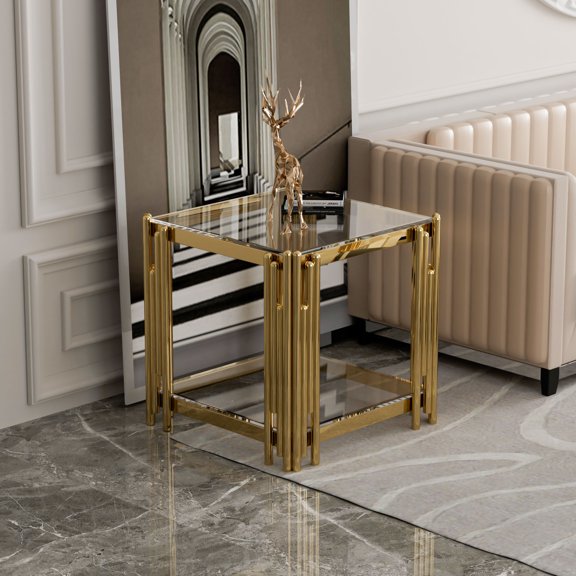 Holaki Stainless Steel Square Glass End Table - 19.69" Modern Side Table with Clear Tempered Glass and Gold Legs, Perfect for Living Room