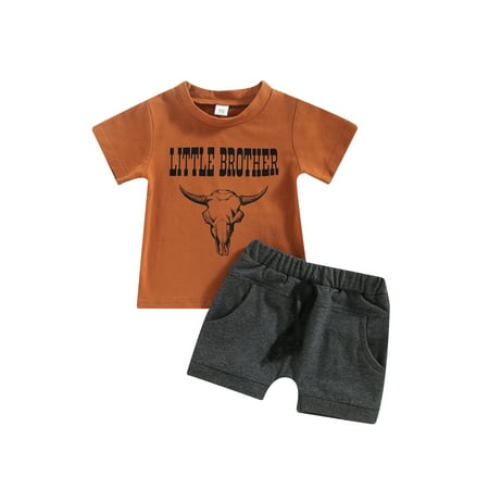 

jaweiwi Toddler Baby Boy Western Clothes Set 0 6M 12M 18M 24M 2T 3T Short Sleeve Graphic Letter Bull Head Print T-Shirt + Shorts Outfits