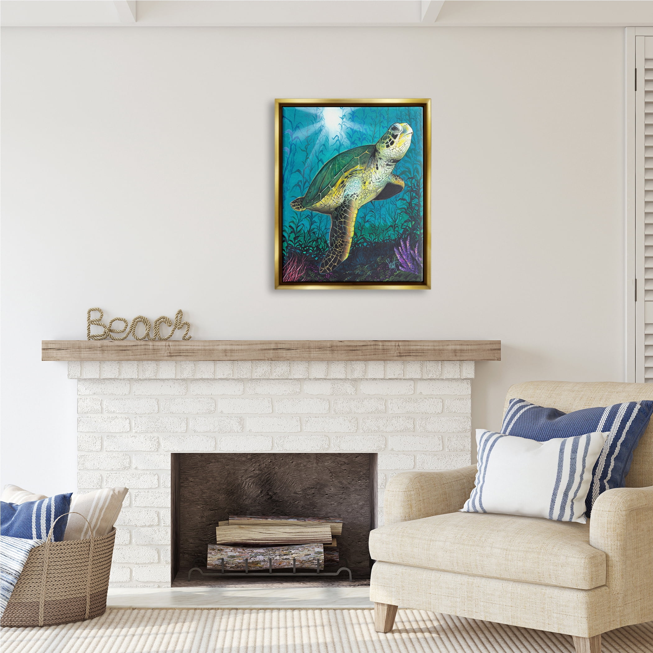 Stupell Industries Turtle Underwater Reef Animals & Insects Painting Gold Floater Framed Art Print Wall Art, 25 x 31