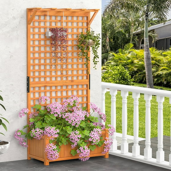 Costway Raised Garden Bed Planter Box Climbing Plants Container with Trellis &Hanging Roof
