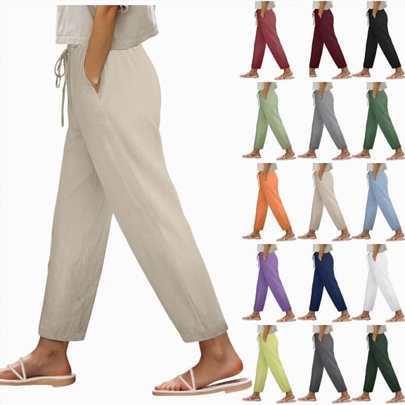 vigerkar Cotton Pants Women Lightweight Summer Petite Beach Pants Elastic Drawstring Waist Vacation Pants with Pockets Daily Casual (Khaki, S)