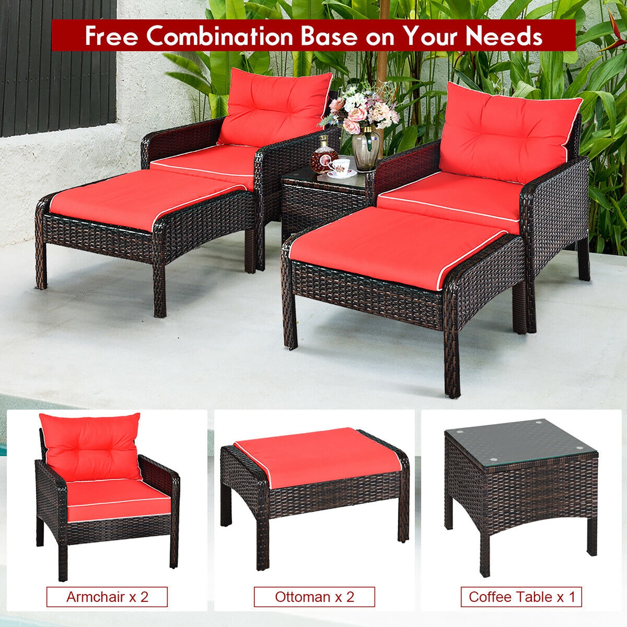 Costway 5 PCS Patio Rattan Furniture Set Sofa Ottoman Table Cushioned Yard Red