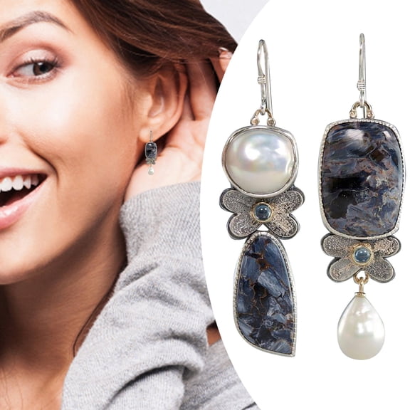 Asymmetrical Baroque Pearl Water Drop Earrings Vintage Jewelry Dark Blue Pattern Cute Flower Metal Statement Earrings