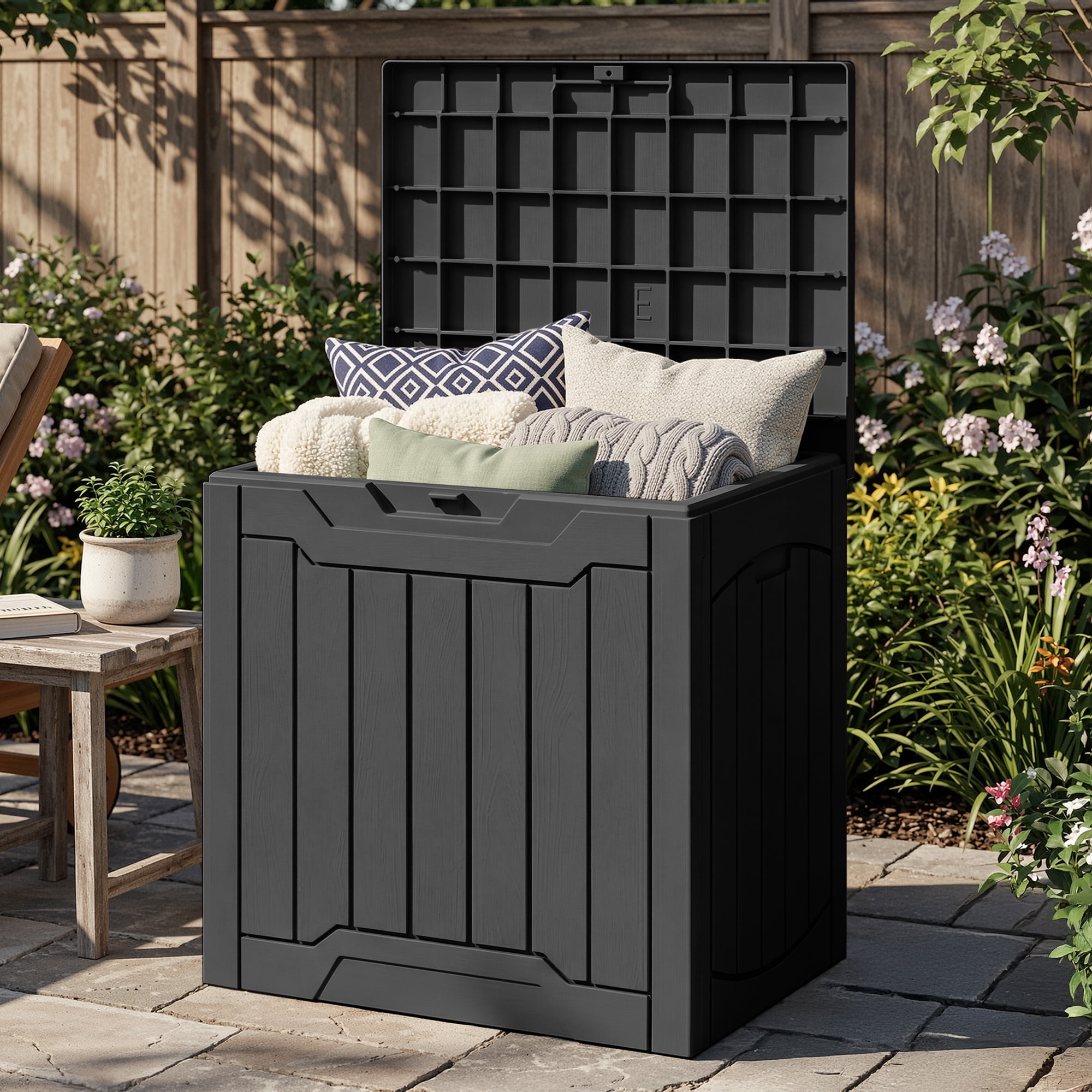Uforic 31 Gallon Resin Outdoor Deck Box, Waterproof Lockable Storage Box, Multi-Purpose Organizer for Patio Garden Tools Pool Supplies & Package Delivery, Black
