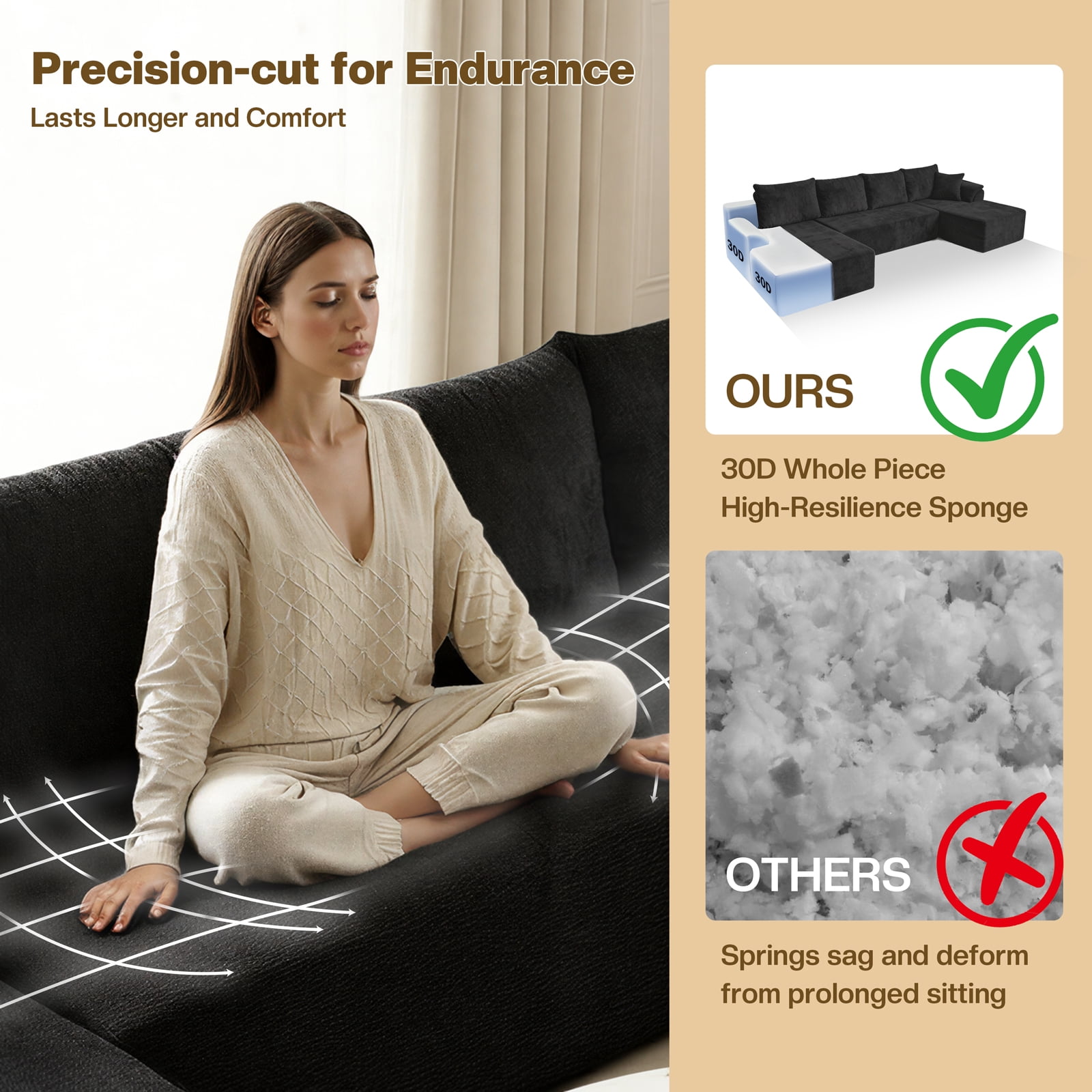 Kelyda 130'' Boneless Sectional Couch, Modern Chenille U Shaped Modular Cloud for Living Room Black