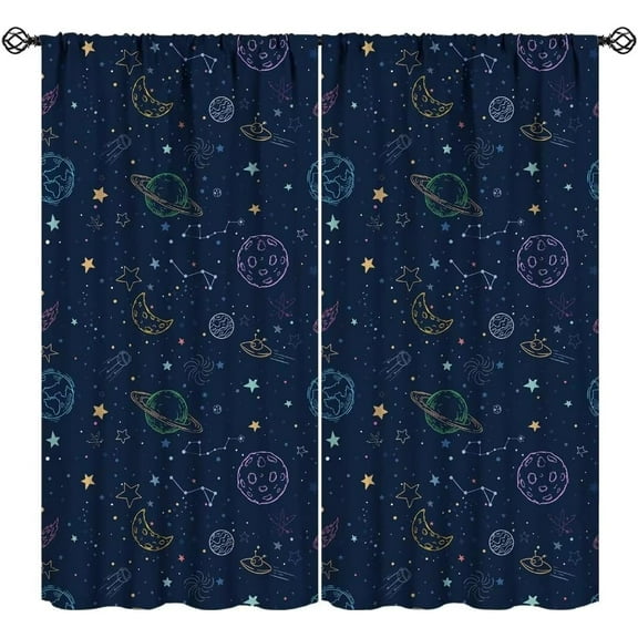 Outer Space Galaxy Curtains, Boys Kids Cartoon Universe Starry Sky Planets Moon Colorful Stars Print Window Drapes for Bedroom Living Room 84x84in