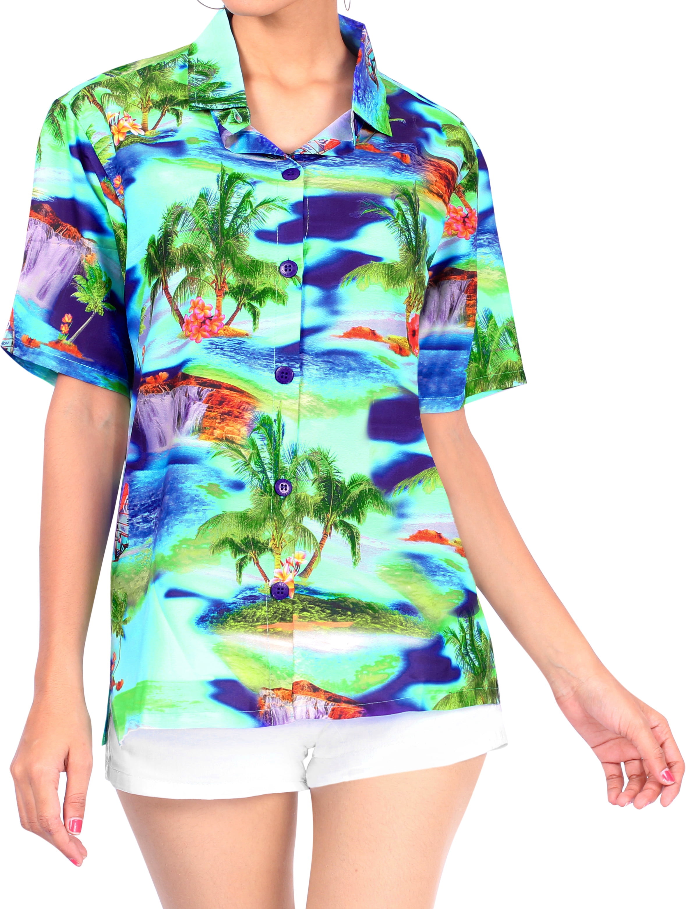 LA LEELA Women's Hawaiian Shirt Casual Short Sleeve Fashion M Blue_AA292 