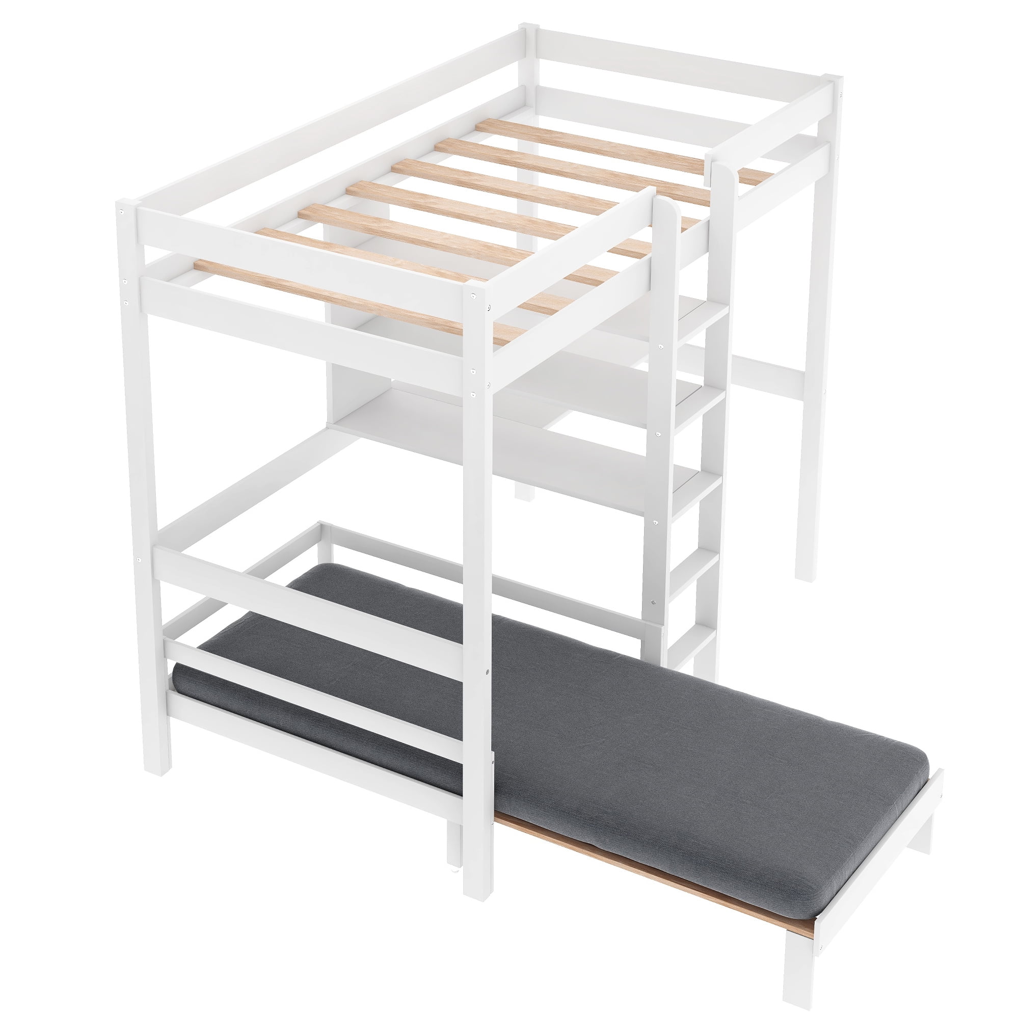 Private Jungle Twin Over Full Wood Folding Loft Bunk Bed w/Corner Desk, Convertible to Square Seat