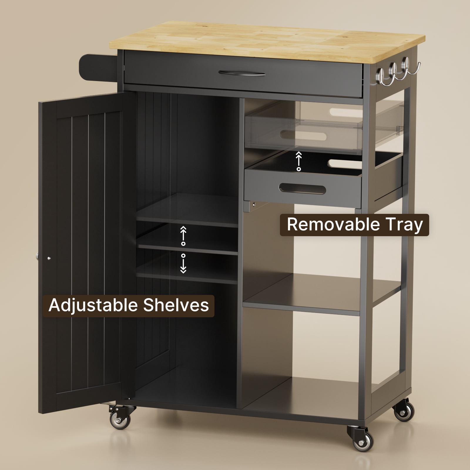 Kitchen Island Cart with Removable Tray, Lofka Kitchen Cart Microwave Cart with Drawer, Cabinet, Towel Rack, Hooks and 3 Open Storage Shelves, Black