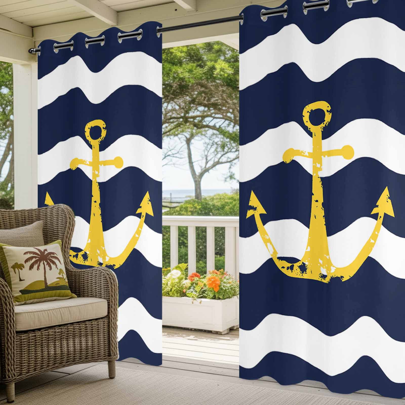 Navy Blue Outdoor Curtains for Patio Waterproof, Wave Stripes Yellow Nautical Anchor Grommet Curtains for Porch Outside Privacy Drape for Gazebo Garden Pergola, 2 Panels, 54x84in