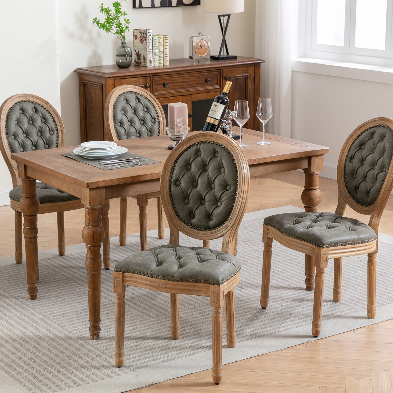 ODUSE-DAILY French Country Dining Chairs Set of 8, Olive Kitchen & Dining Room Chairs, Faux Leather Kitchen Chairs, Tufted Upholstered, Wood Legs, Sillas De Comedor (PU, Pine Green, 8Pcs)