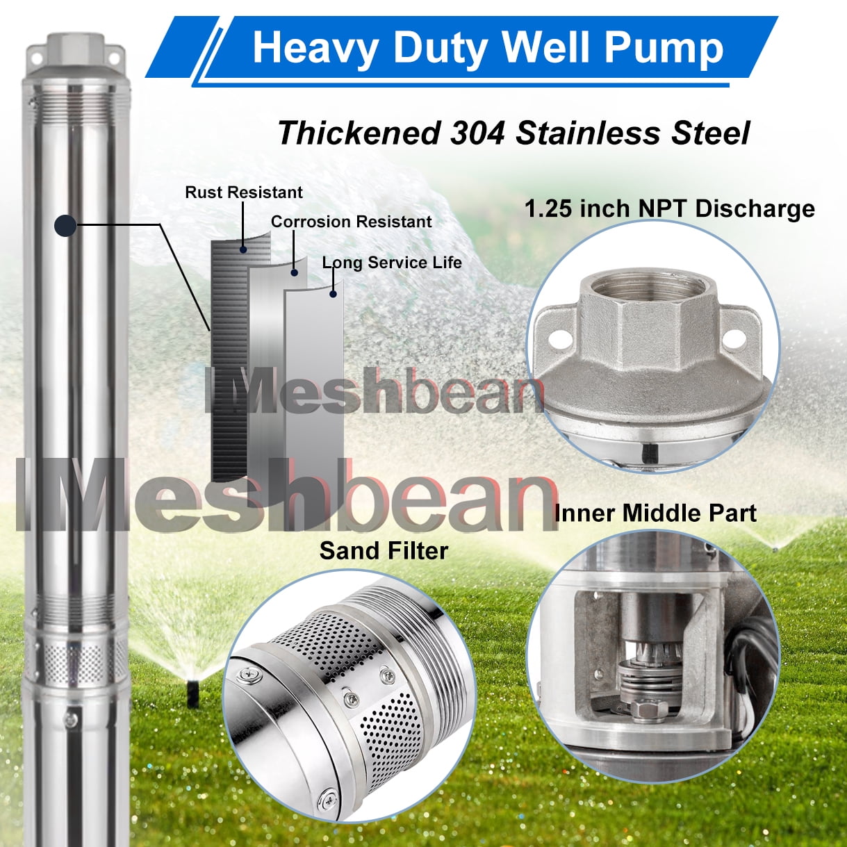 iMeshbean Deep Submersible Well Pump 1 HP Submersible Well Pump 110V Water Pump 37GPM 207ft Head with 100ft Electric Cable Stainless Steel Water Well Pumps Submersible w/ Bonus Outlet