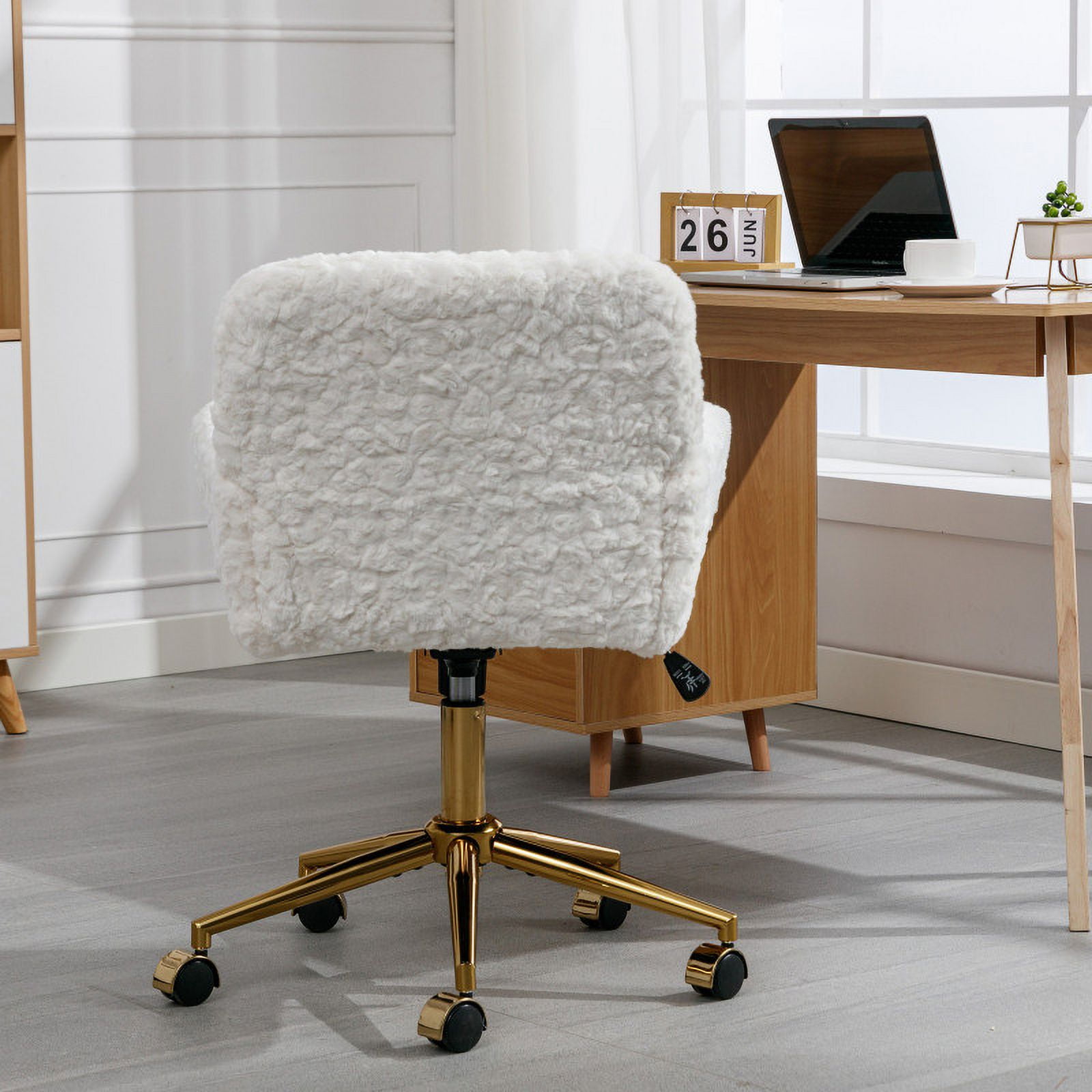 Faux Fur Office Chair for Women & Teens, Adjustable Swivel Desk Chair with Metal Base & Colorful Wheels, 22.5"W x 21.5"D, Ivory Vanity Chair/Be
