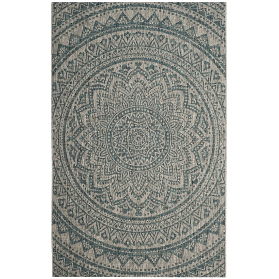 SAFAVIEH Courtyard Josiah Floral Medallion Indoor/Outdoor Area Rug, Light Grey/Teal, 6'7" x 9'6"