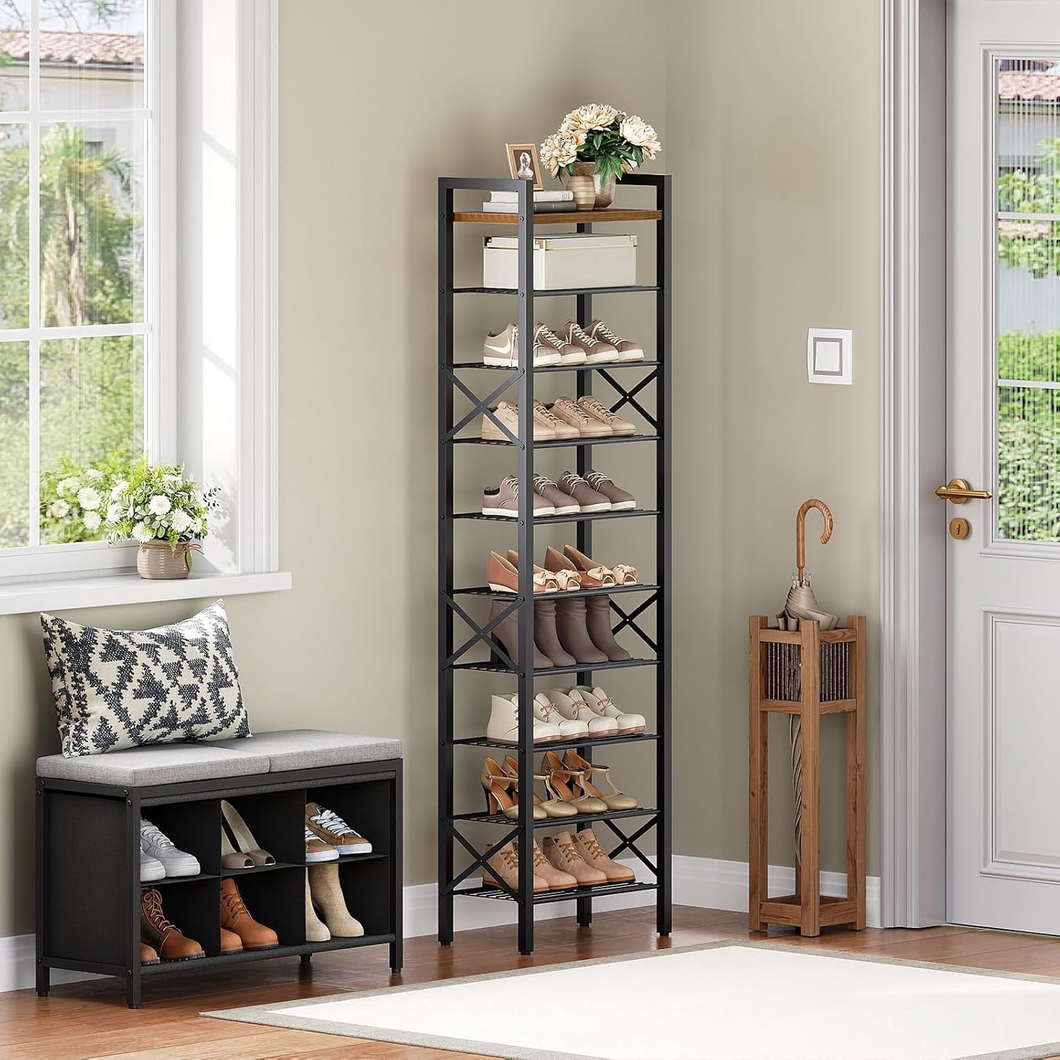 10-Tier Narrow Shoe Rack, Tall Shoe Rack for 10-20 Pairs, Slim Shoe Storage Organizer with Wooden Top, Space Saving, Metal Frame, for Entryway