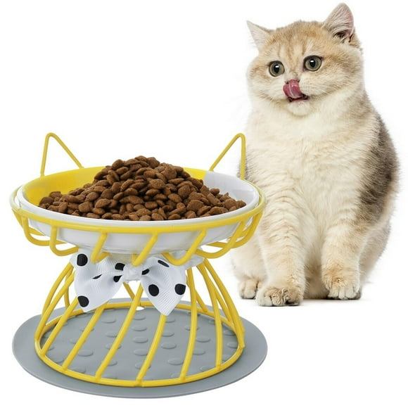 Elevated Cat Bowl with Non-Slip Mat, Protects Cat’s Spine, Anti-Vomiting Raised Cat Food Plate Cute Cat Ear Shape, Shallow & Wide Ceramic Cat Dish to Prevent Whisker Fatigue, Pet Food Feeding Station