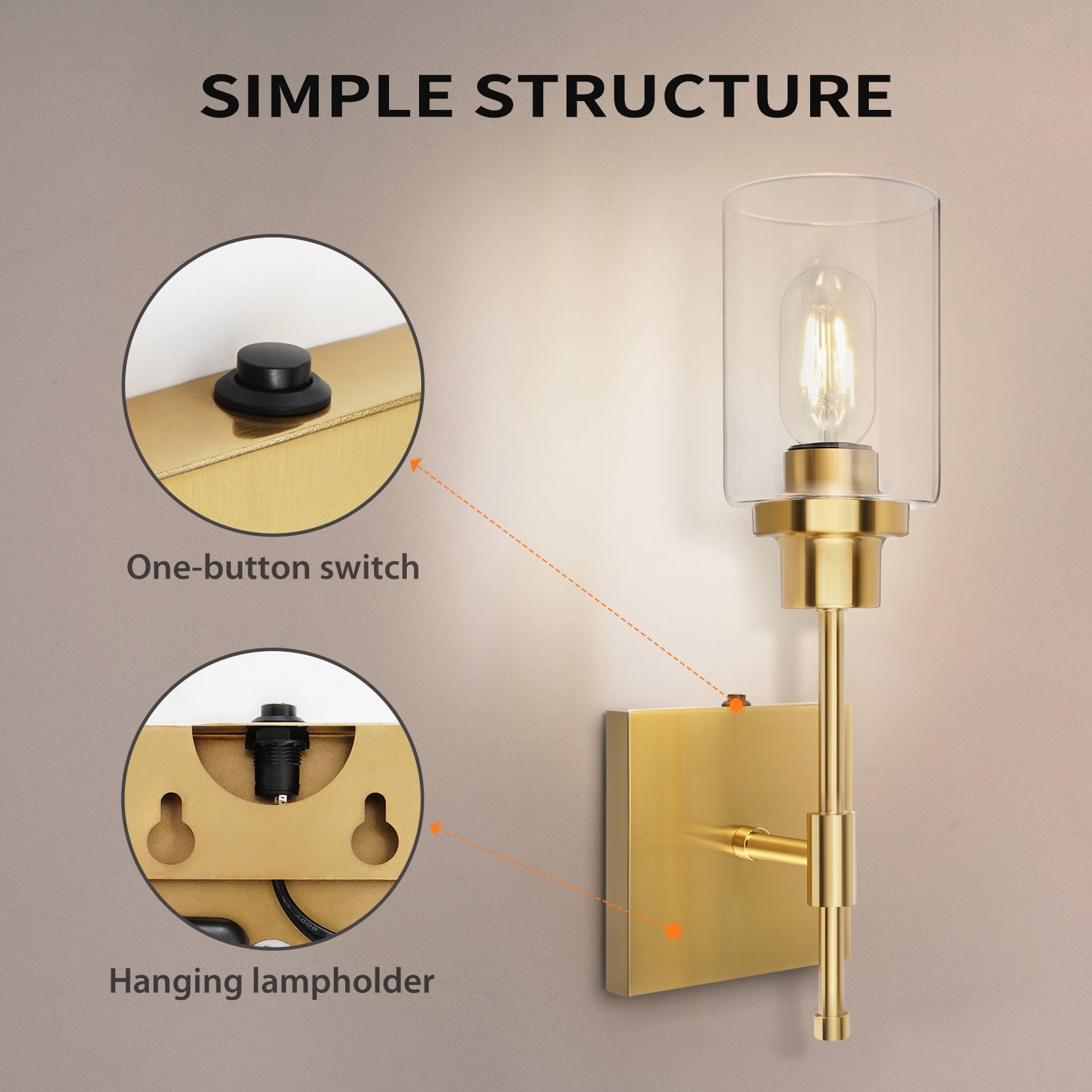 HYMELA Battery Operated Wall Sconce 1 Light Fixtures Matte Gold with Clear Glass Shade Wall Lamp for Bathroom Hallway Kitchen Mirror,Bulb Included