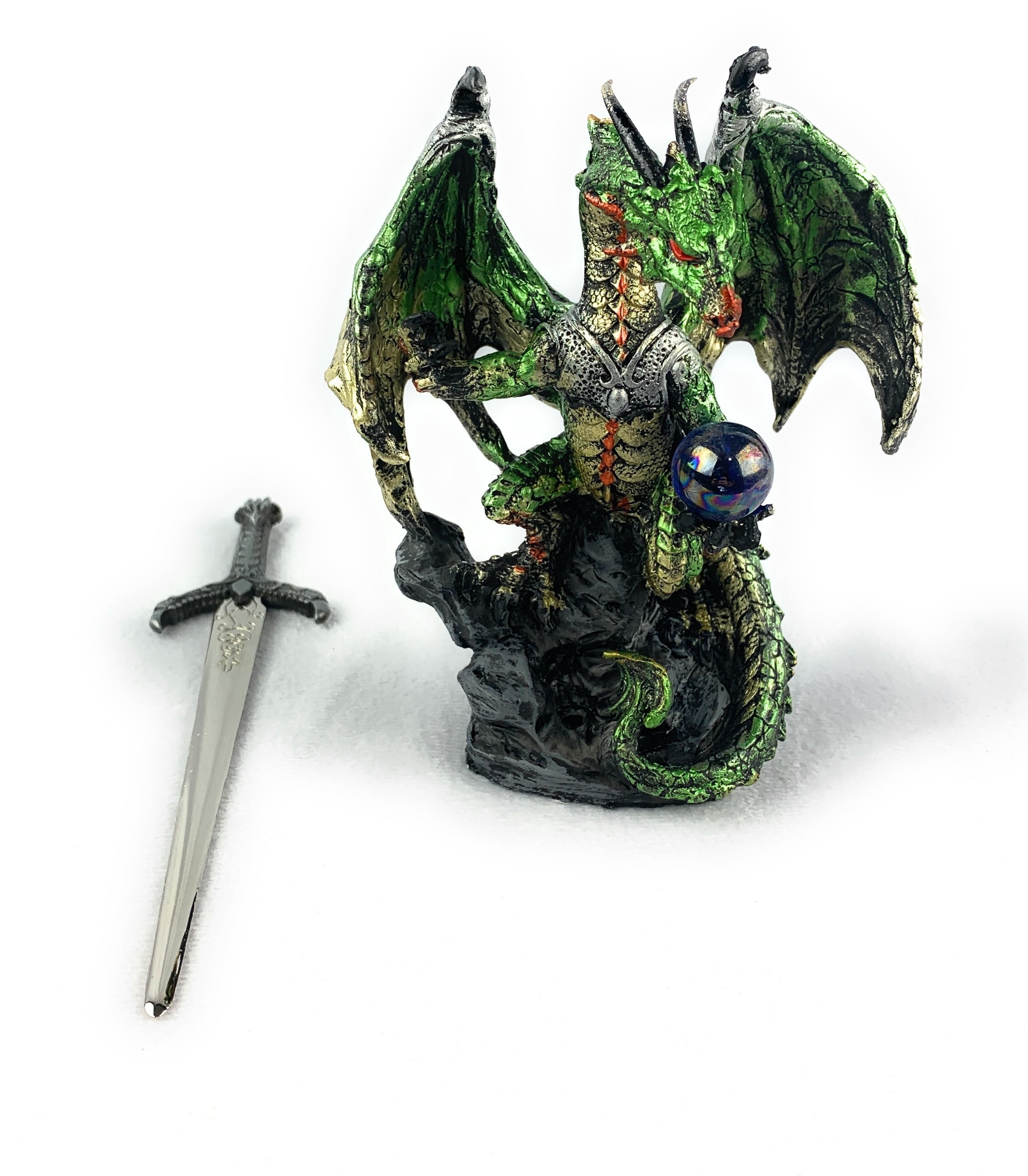 Ain’t It Nice Dragon Statue with Medieval Dragon Sword and Crystal Ball Collectible Dragon Figurine Fantasy Medieval Dragon Décor, Green 4(L) 2(W) 7(H) inches