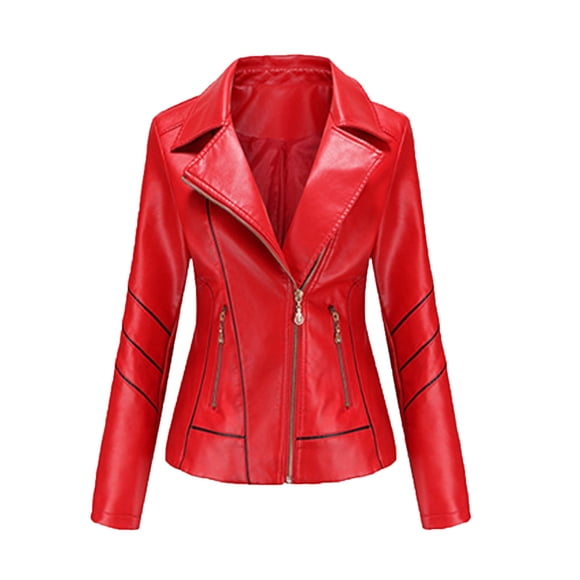 IROINID Women's Short Faux Leather Jacket Notch Lapel Solid Color Long Sleeve Slim Stand Zip Motorcycle Suit Jacket, Red