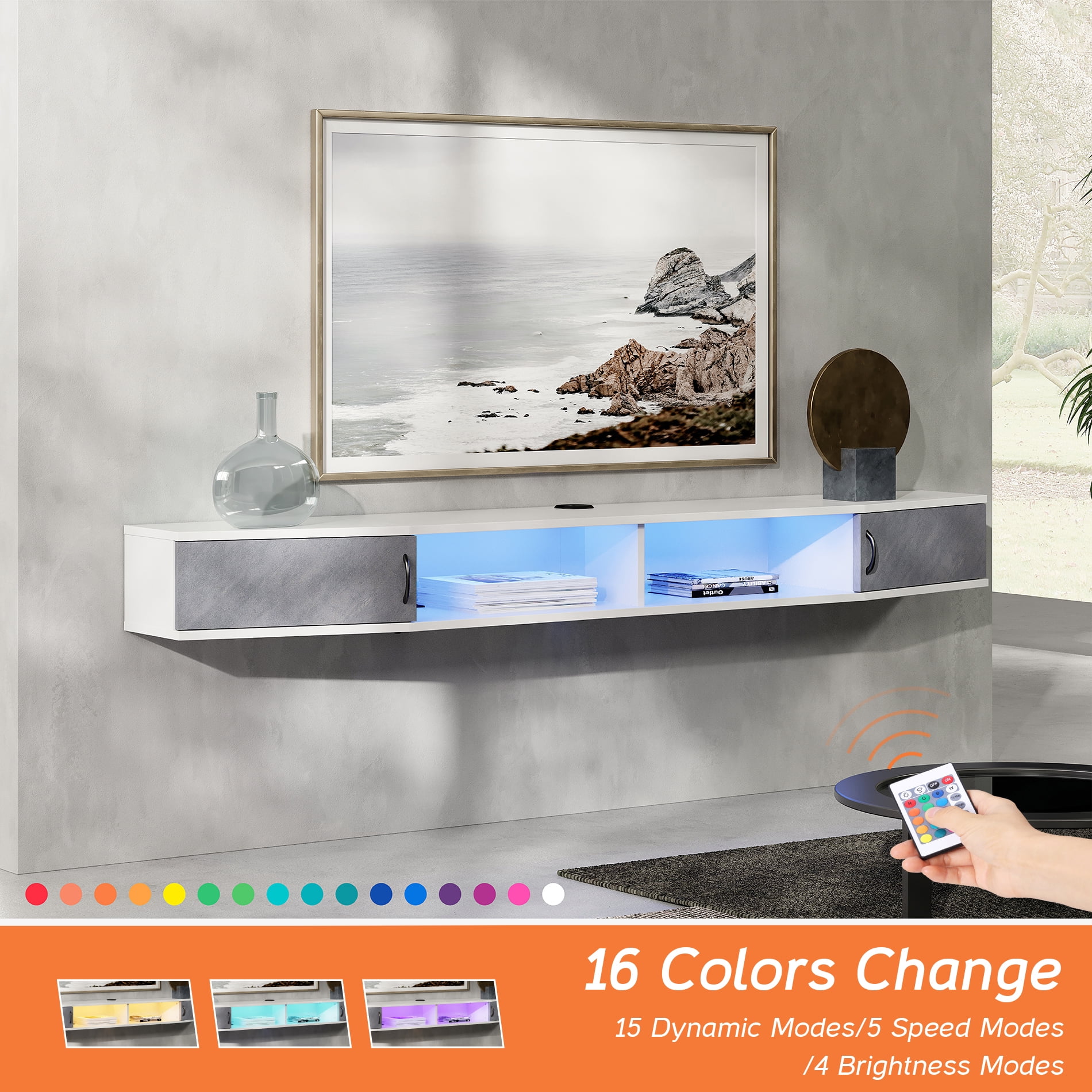 70 Inch Floating TV Stand with Storage Cabinet for TVs up to 80 inch,White&16 RGB