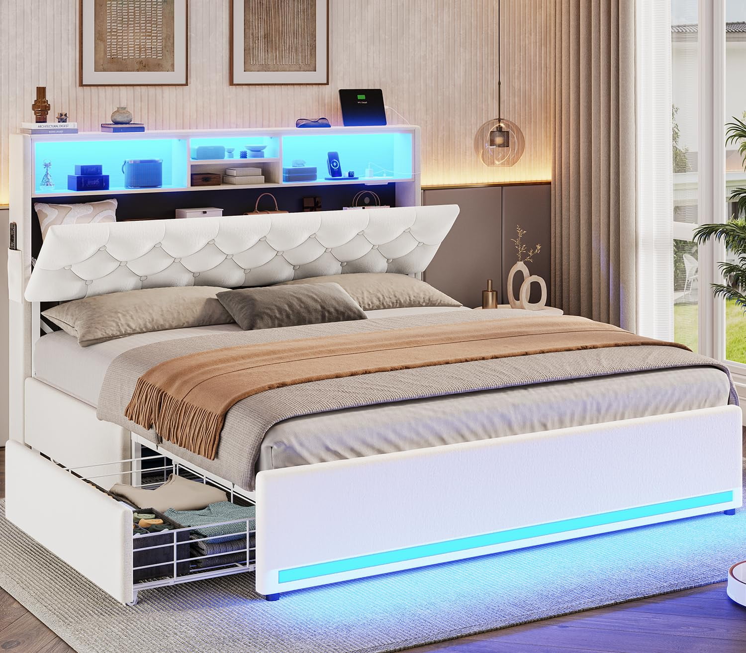 Full Size Bed Frame with Bookcase Headboard & 4 Storage Drawers,LED Bed Frame with Charging Station-Power Outlet, Modern Velvet Upholstered Platform Bed,No Box Spring Needed, Creamy White