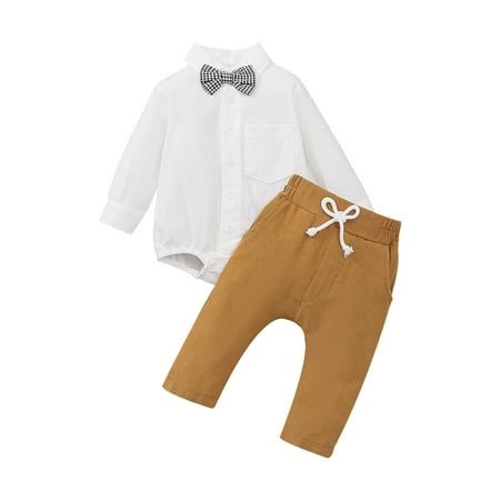 

Toddler Outfit Sets For Teens Baby Boys Long Sleeve Patchwork Bowknot Gentleman Shirt Romper Tops Solid Pant Trousers 2Pcs Kids Clothes Suit
