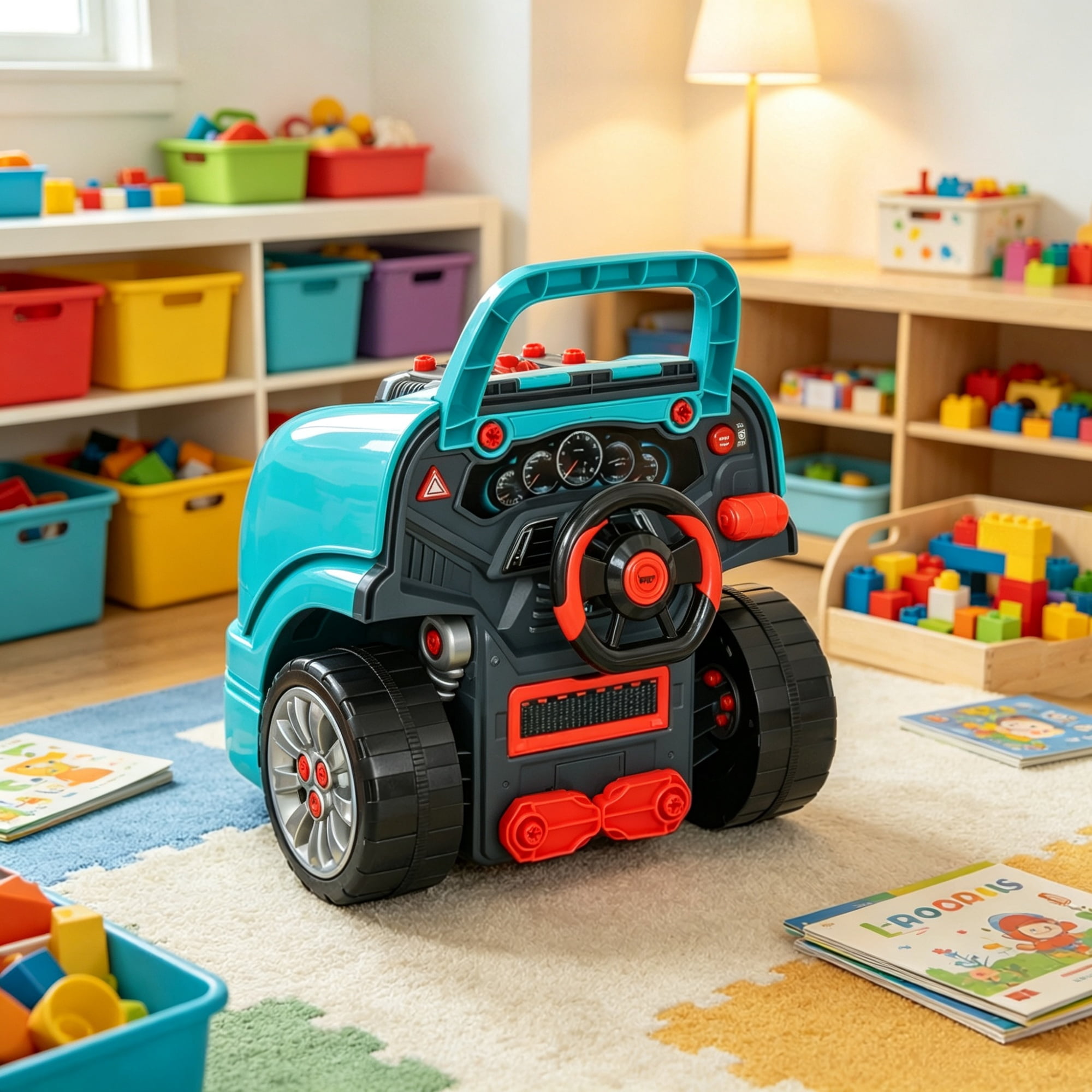 Kids Mechanic Truck Engine Toy Set, Interactive Car Service Play Set for Toddlers, Teal