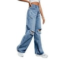 thumbnail image 3 of Pantalones Vaqueros Rotos de Cintura Alta para Mujer, Desgastados, Holgados, Rectos y de Pierna Azul Medio M, 3 of 9