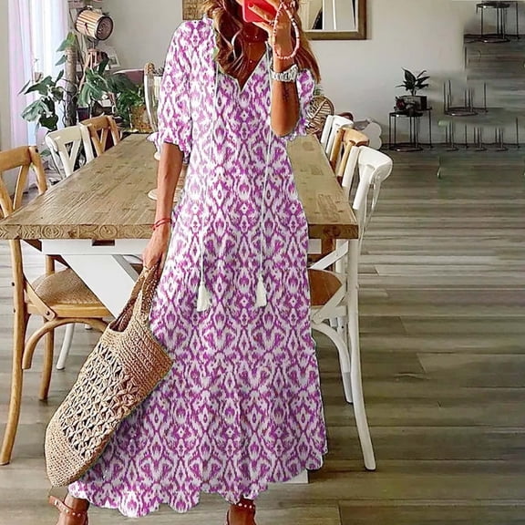 BLTIBY 2025 Women Boho Maxi Dresses Short Sleeve Summer Bohemian Floral Printed V Neck Tie Casual Loose Beach Dress Hot Pink S