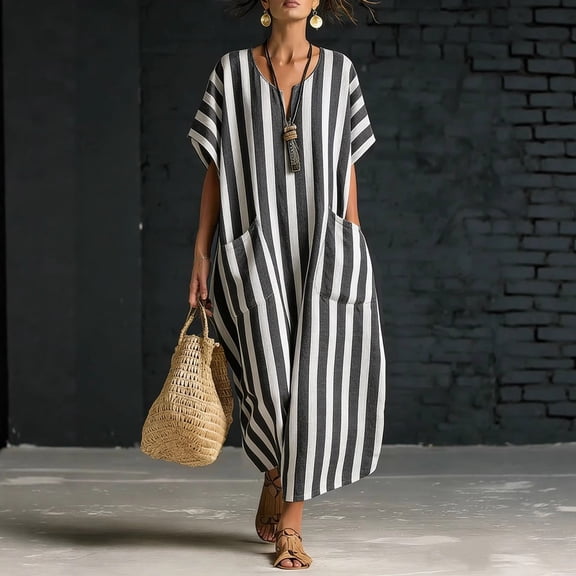 ClodeEU Women's Striped V Neck Short Sleeve Linen Blend Midi Dress, Casual Loose Swing Sundress with Pockets Black,Women's Plus L