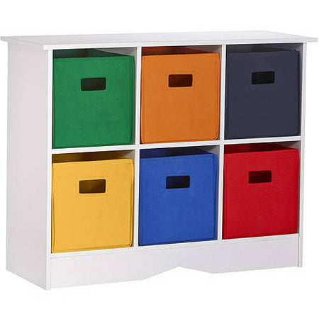 riverridge kids storage cabinet with 6 bins, white and primary