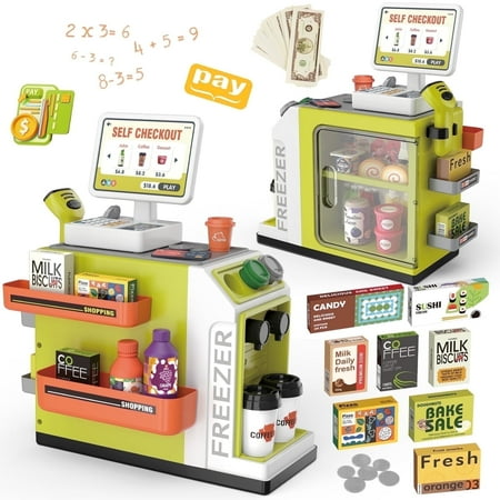 UUSUOO Cash Register Playset for Kids,46PCS Pretend Play Cash Register Toy with Calculator,Scanner,Coffee Machine,Credit Cards,Play Food & Money,Kids Cash Register Toy Gifts for Kids 3-6, Green