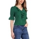 thumbnail image 4 of Blusa de chiffon semitransparente con volantes en el cuello en V, mangas de globo y codo para mujer Inspire Chic, talla XL, verde esmeralda, 4 of 6