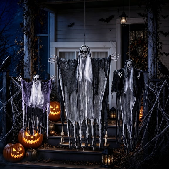 DUNCHATY 3 Pack Hanging Ghosts β 38" & 50" & 58" Outdoor Halloween Decorations with Poseable Arms for Yard, Tree, Porch & Haunted House