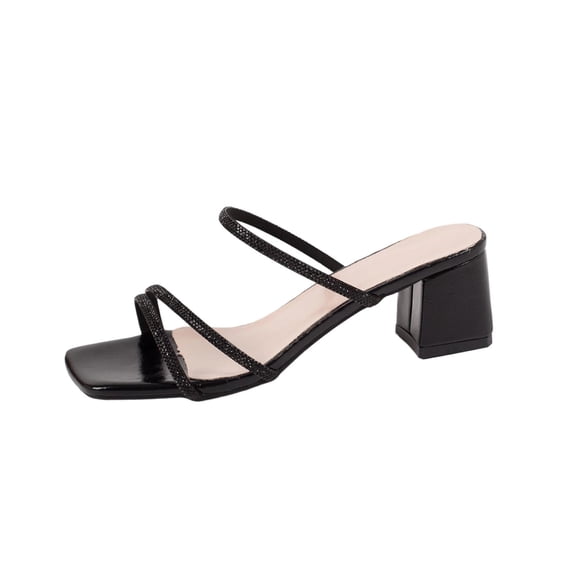 Wensltd Block Heel Sandals Women Thin Strap Square Open Toe Slip On Summer Outdoor Walking Solid Color Black