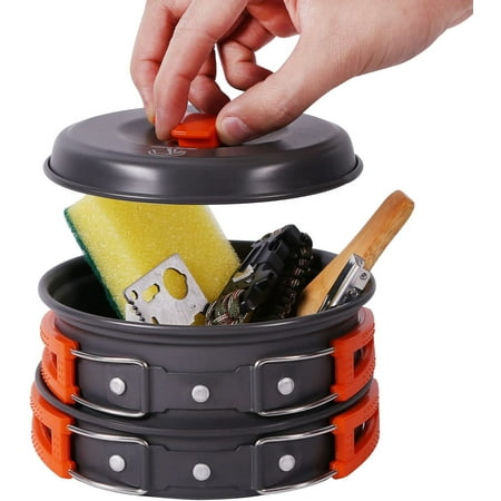 EDCAMP 13 PCS Camping Cookware Mess Kit with Kettle Aluminum Lightweight Folding Camping Pots and Pans Set FDA Approved