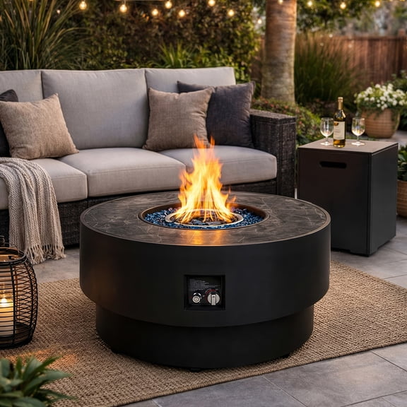 32" Outdoor Propane Fire Pit Table, 50,000 BTU Round Patio Fire Table with Marble-Look Ceramic Top, Steel Lid, Tank Cover & Rain Cover, Black