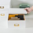 thumbnail image 3 of Cajas de papel kraft blancas para almacenamiento, juego de 3 cajas apilables cuadradas con tapas y soportes para etiquetas doradas, 3 of 7