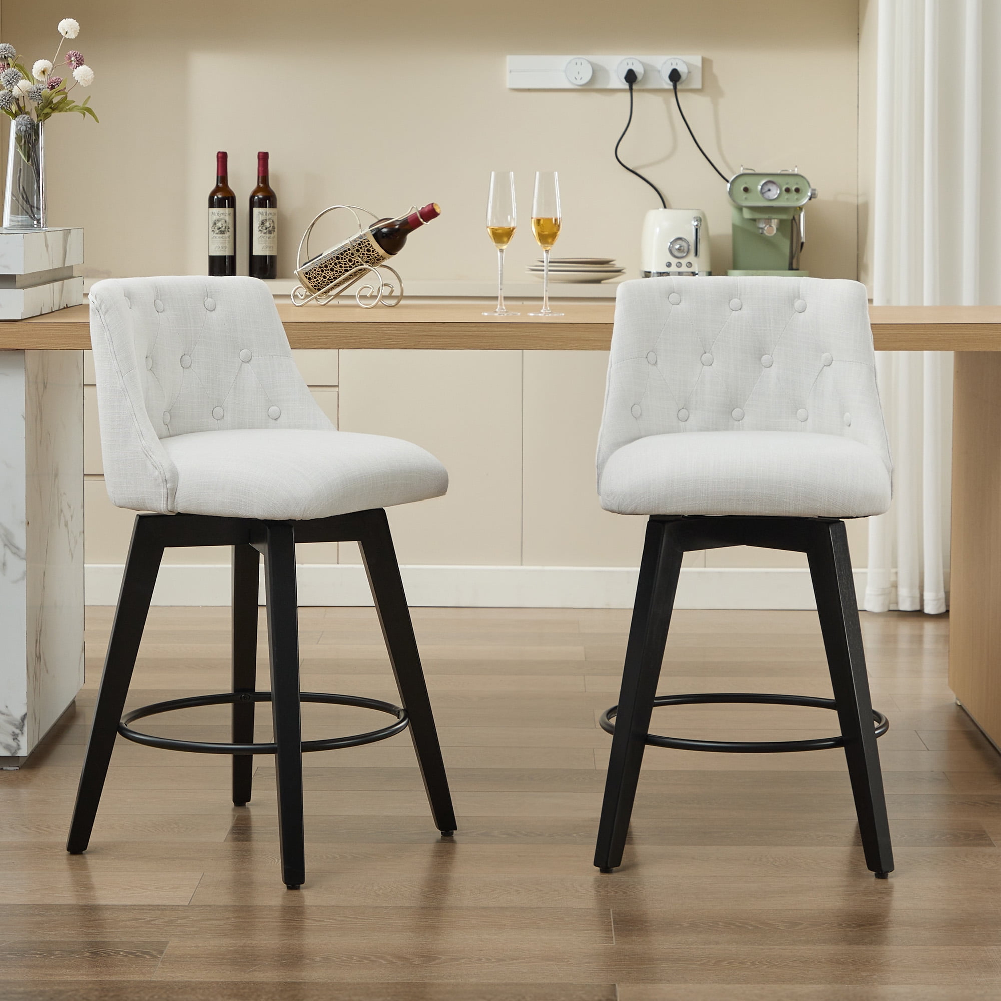 360 Degree Swivel Bar Stools Set of 2 Counter Height with Stain Resistant Linen and Button Tufted Back Solid Wood Frame in White