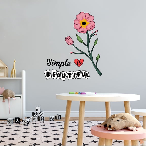 Home Wall Decal - Simple is Beautiful - Beautiful Quote Design Beautiful PInk Doodle Flower with Leaves - Proudly Hand Made Decal - Size: 8 In(W) x 10 In(H)