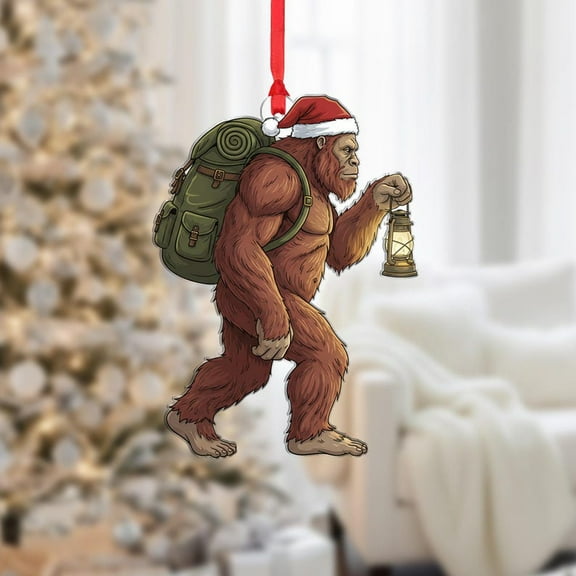 ViciArt Sasquatch Ornament – Santa Hat with Lantern and Backpack, Christmas Tree Decor