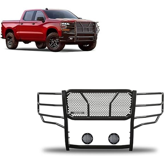 Black Horse RUGGED Heavy Duty Grille Brush Bumper Guard Modular Black Come with Pair of 5.3" Dia.LED Lights with Black Trim Rings Compatible with 2019-2024 Chevrolet Silverado 1500-RU-CHSI19-B-PLFB