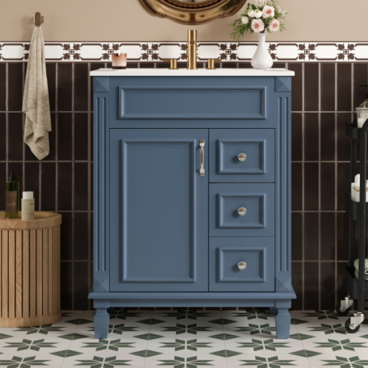 24" Bathroom Vanity with Sink, Modern French Style Bathroom Cabinet with Ceramic Sink, Small Bathroom Storage Cabinet with 2 Drawers, Adjustable Shelf, Blue