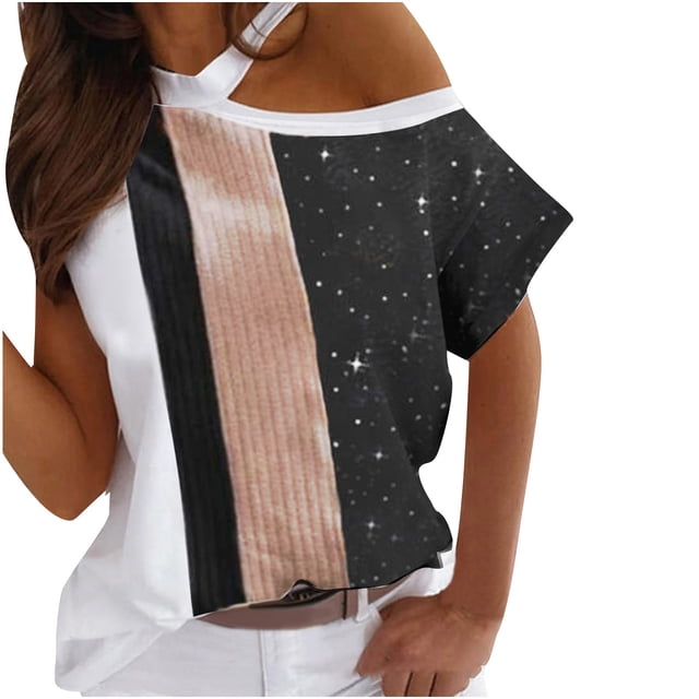 CEHVOM T-shirt Décontracté Imprimé pour Femmes Épaules Dénudées Col Halter Manches Courtes